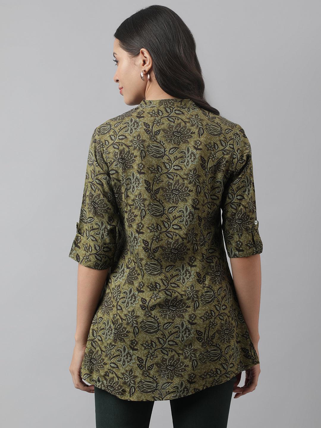 Divena Olive Green Floral Printed Rayon A-line Shirt Style Top - divena world