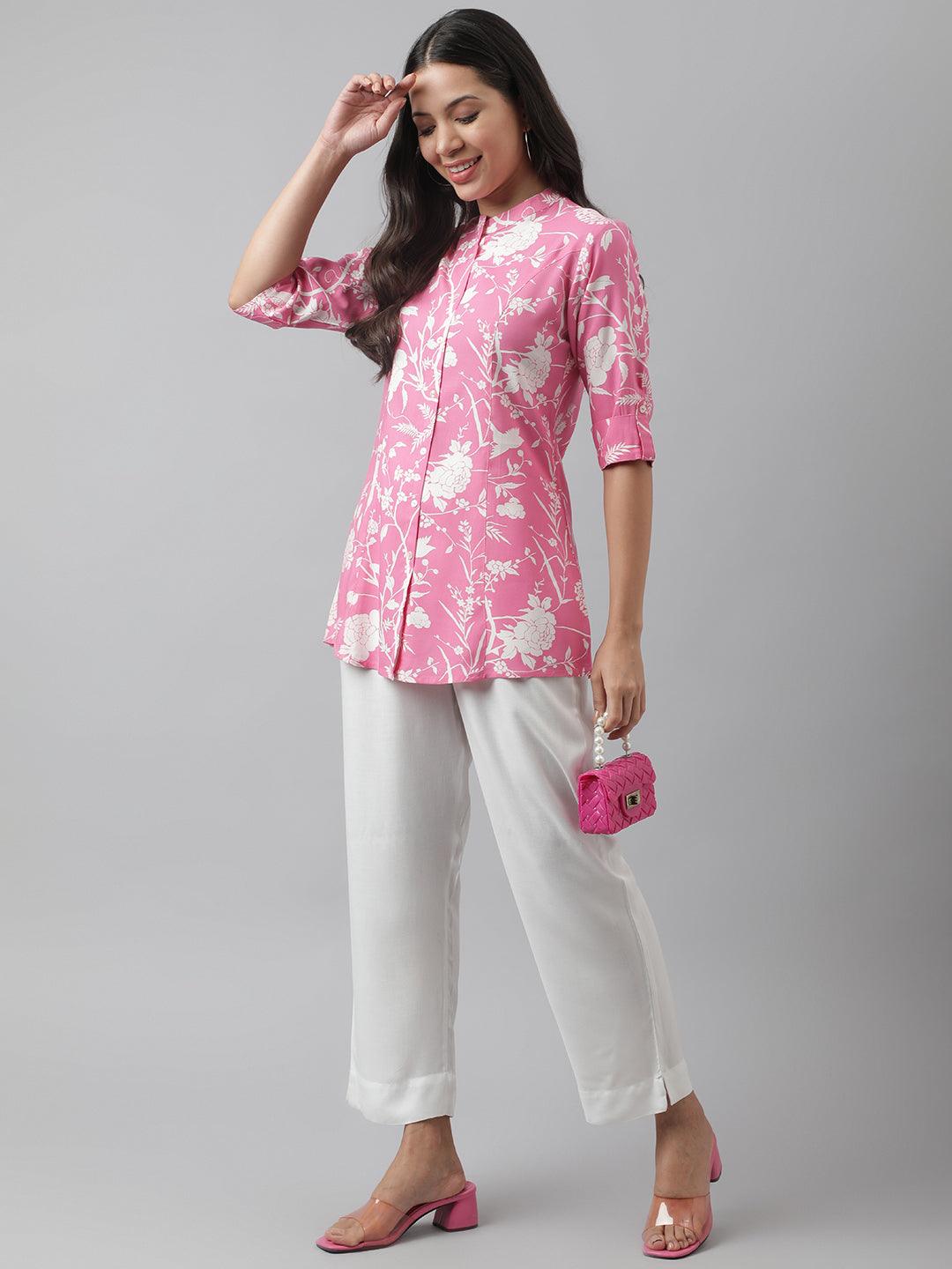 Divena Light Pink Floral Printed Rayon A-line Shirt Style Top - divena world