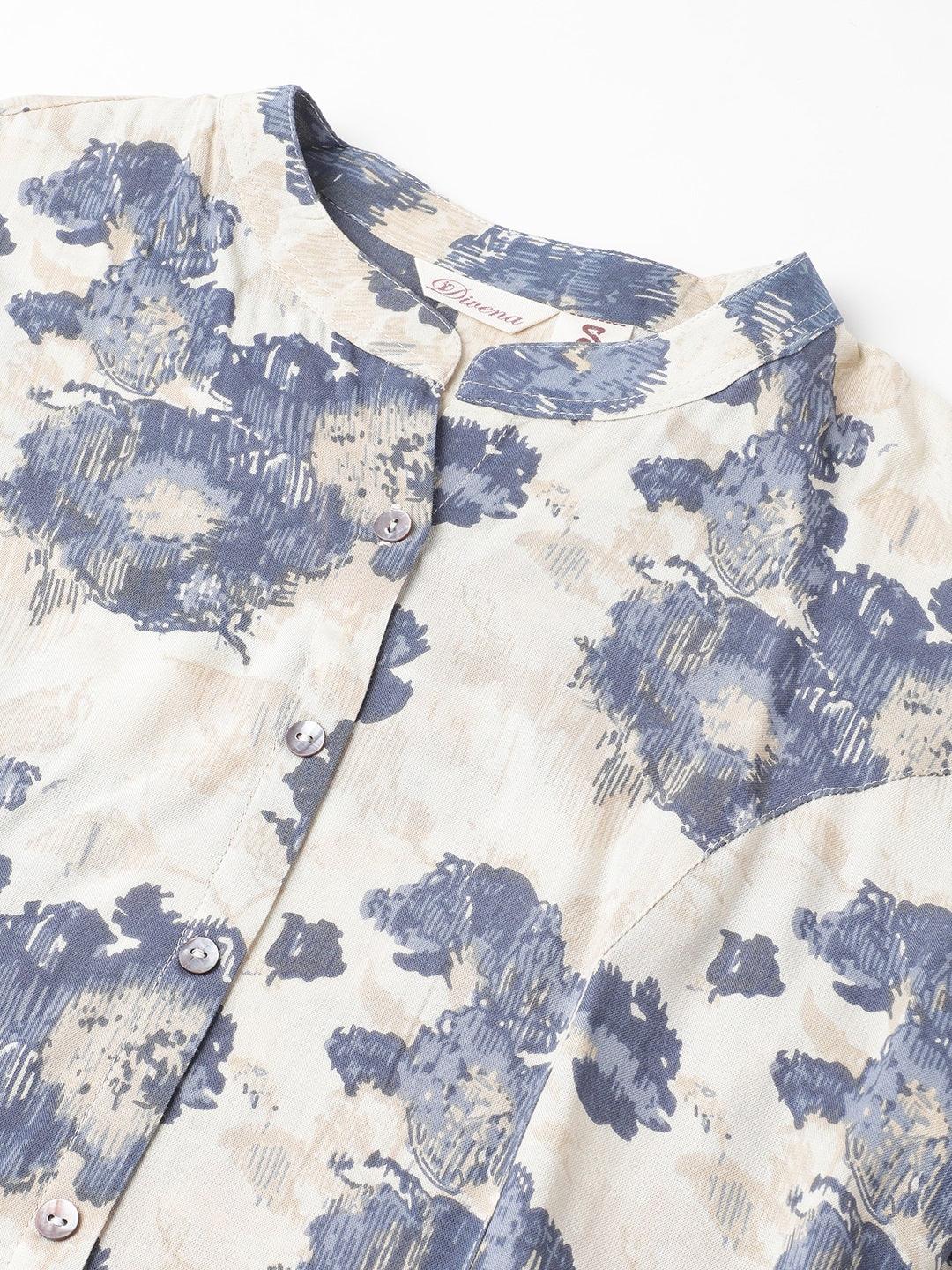 Divena Cream Floral Printed Rayon A-line Shirt Style Top - divena world