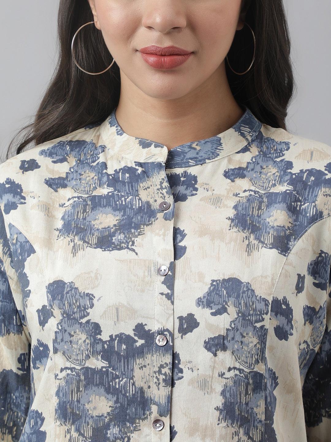 Divena Cream Floral Printed Rayon A-line Shirt Style Top - divena world