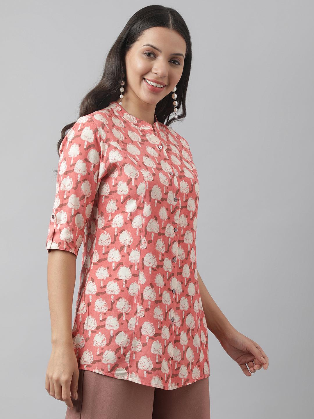 Divena Peach Floral Printed Rayon A-line Shirt Style Top - divena world