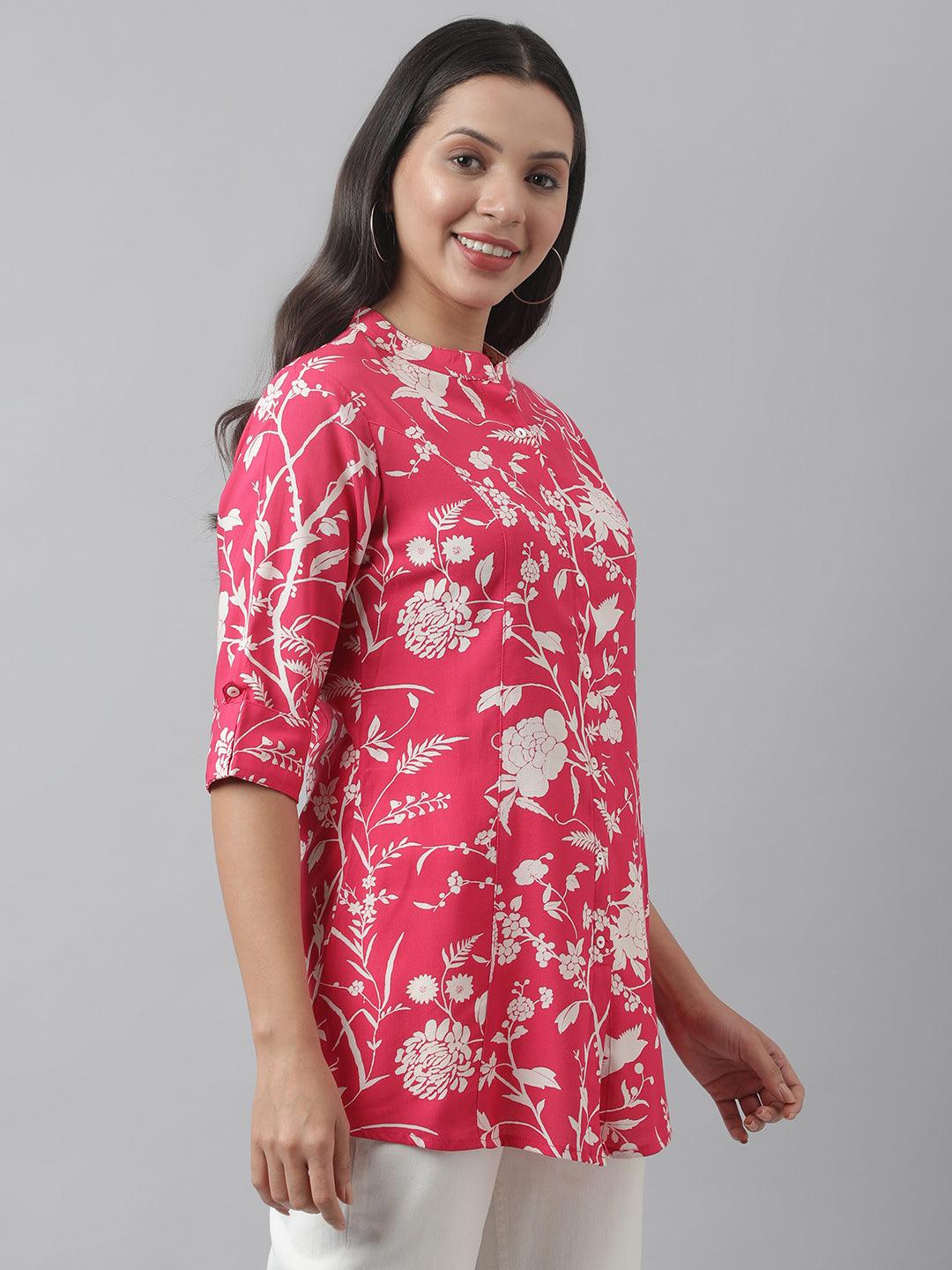 Divena Hot Pink Floral Printed Rayon A-line Shirt Style Top - divena world