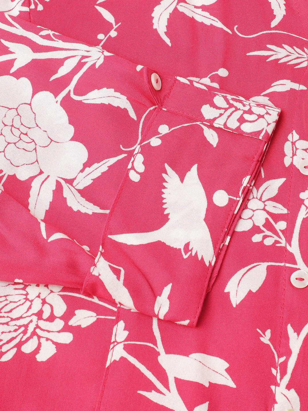 Divena Hot Pink Floral Printed Rayon A-line Shirt Style Top - divena world