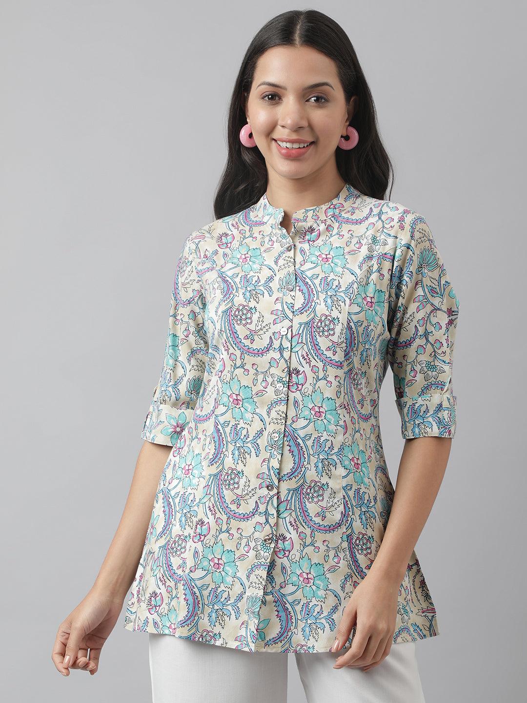 Divena Multi Floral Printed Rayon A-line Shirt Style Top - divena world