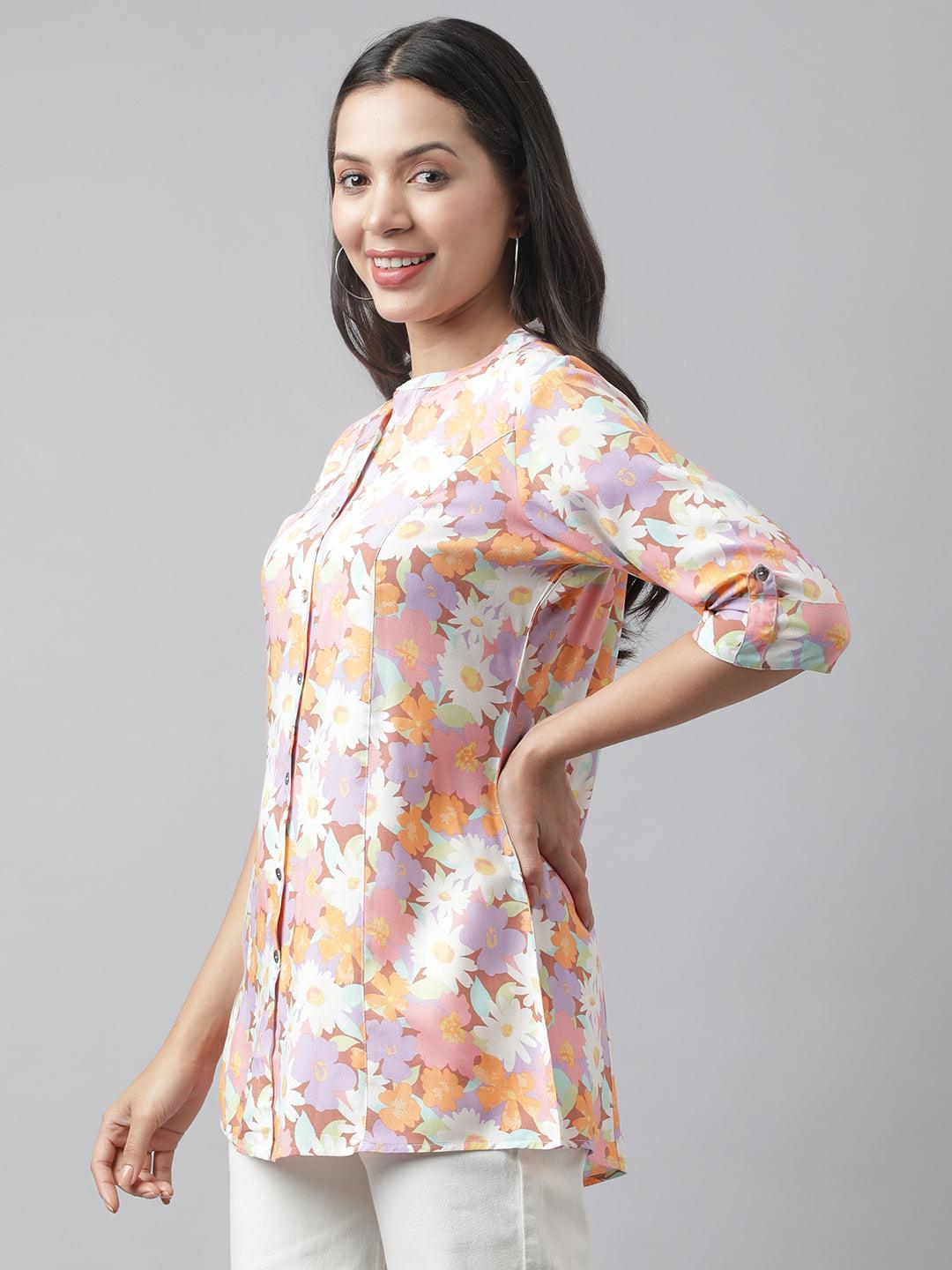 Divena Lavender Floral Printed Rayon A-line Shirt Style Top - divena world