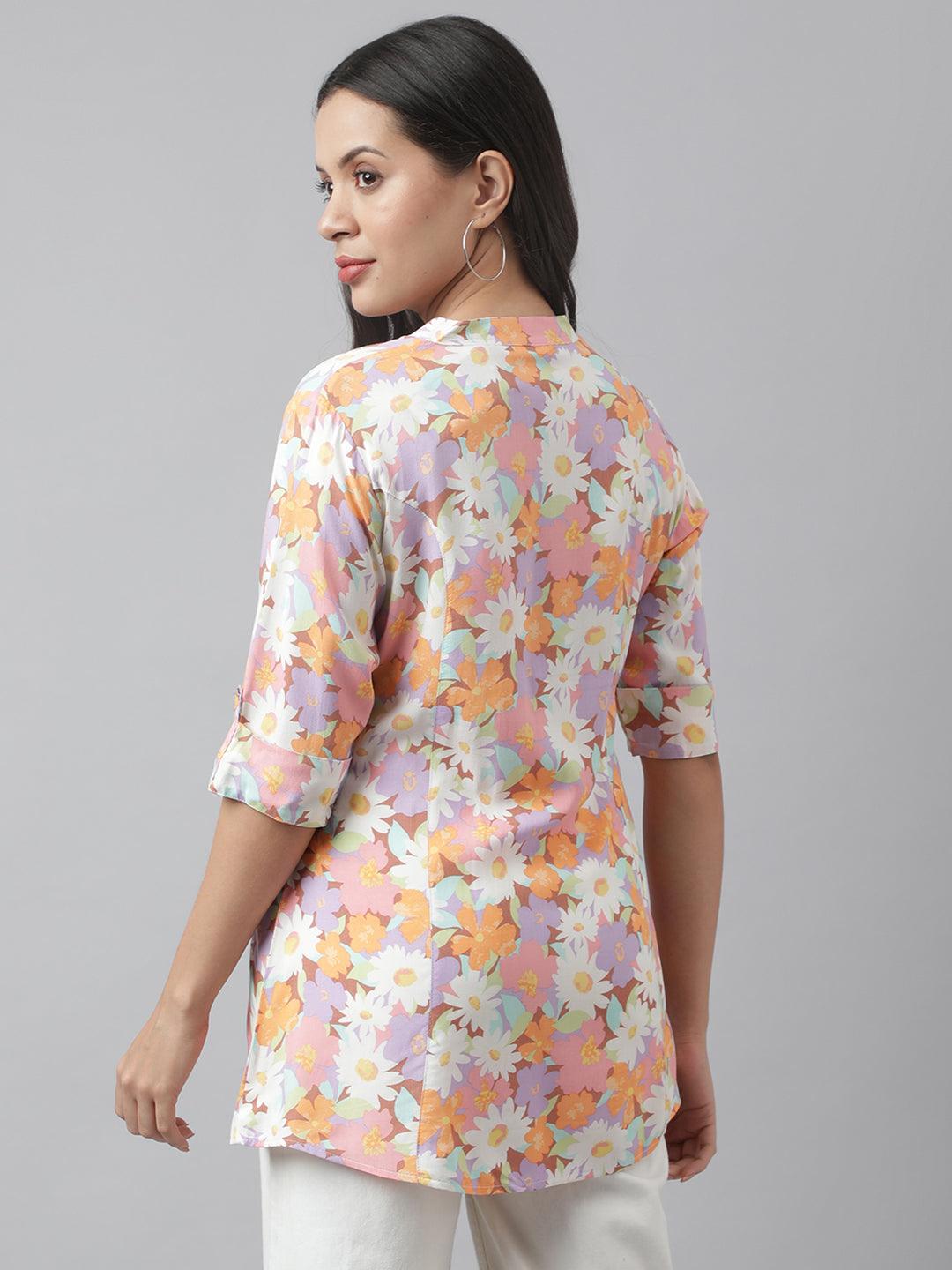 Divena Lavender Floral Printed Rayon A-line Shirt Style Top - divena world