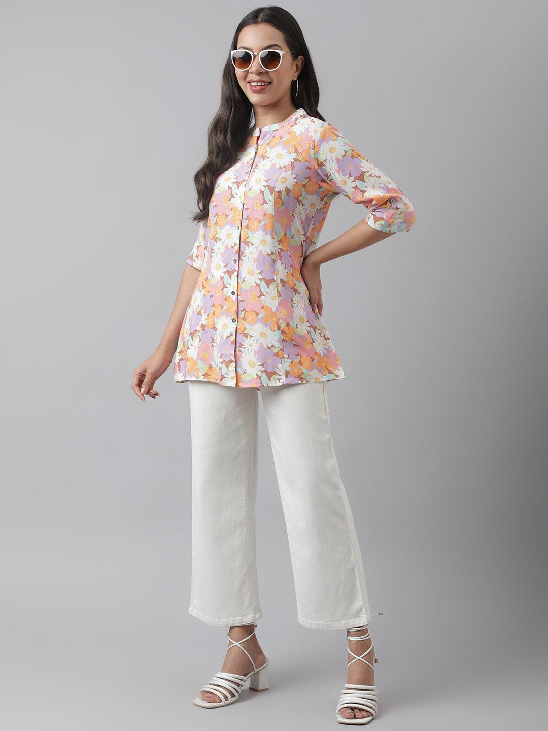 Divena Lavender Floral Printed Rayon A-line Shirt Style Top - divena world