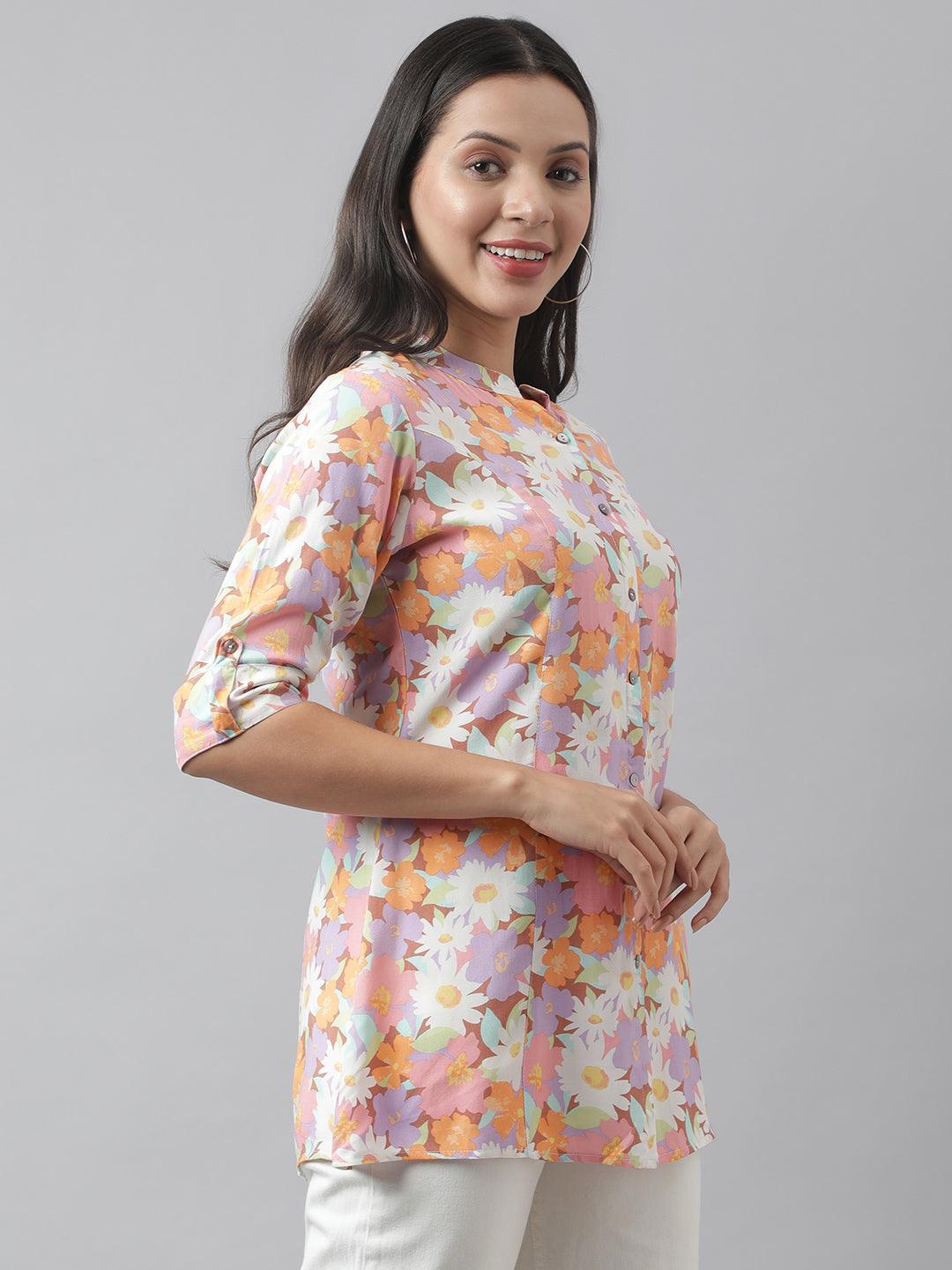 Divena Lavender Floral Printed Rayon A-line Shirt Style Top - divena world