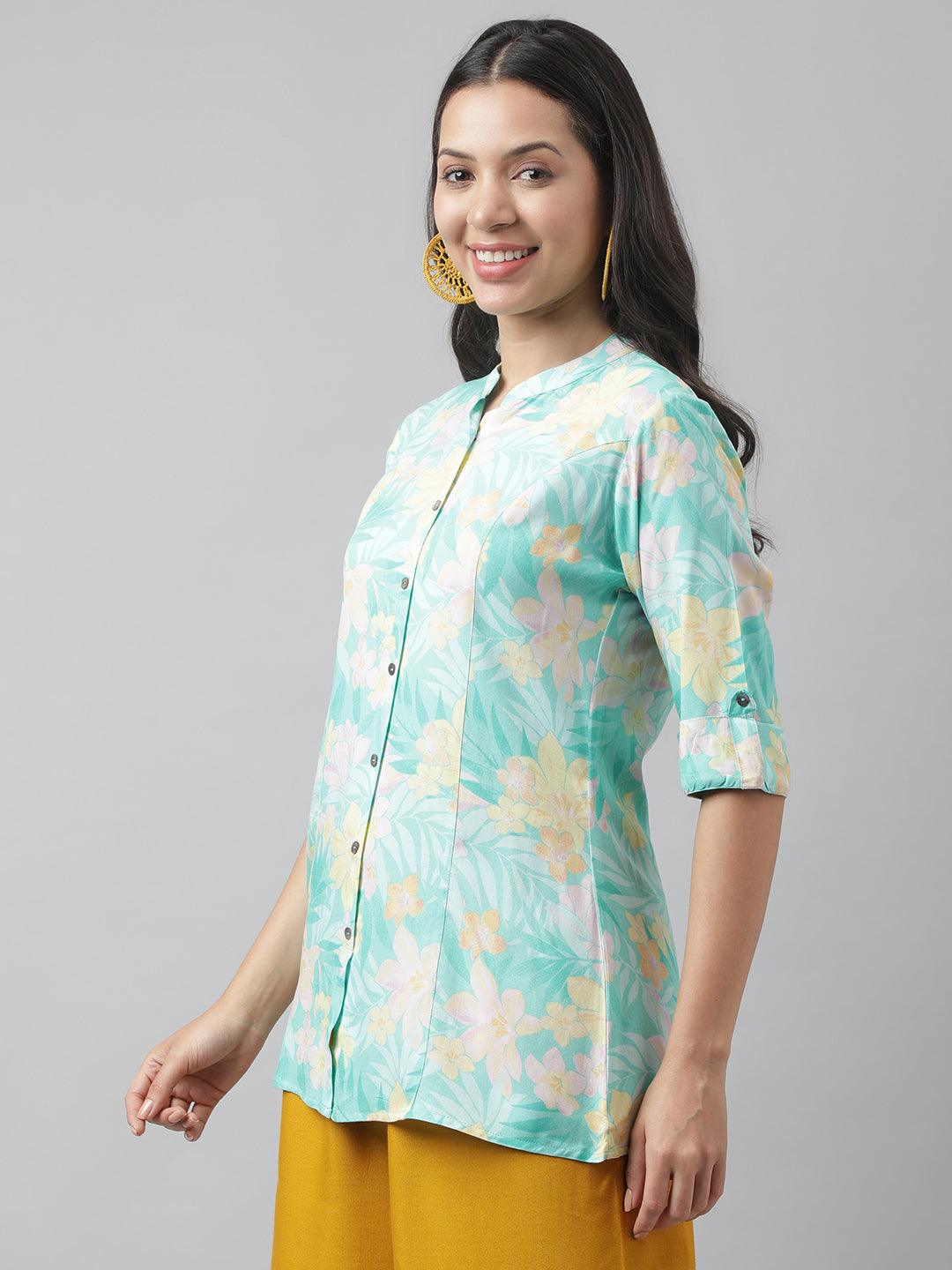 Divena Sea Green Floral Printed Rayon A-line Shirt Style Top - divena world