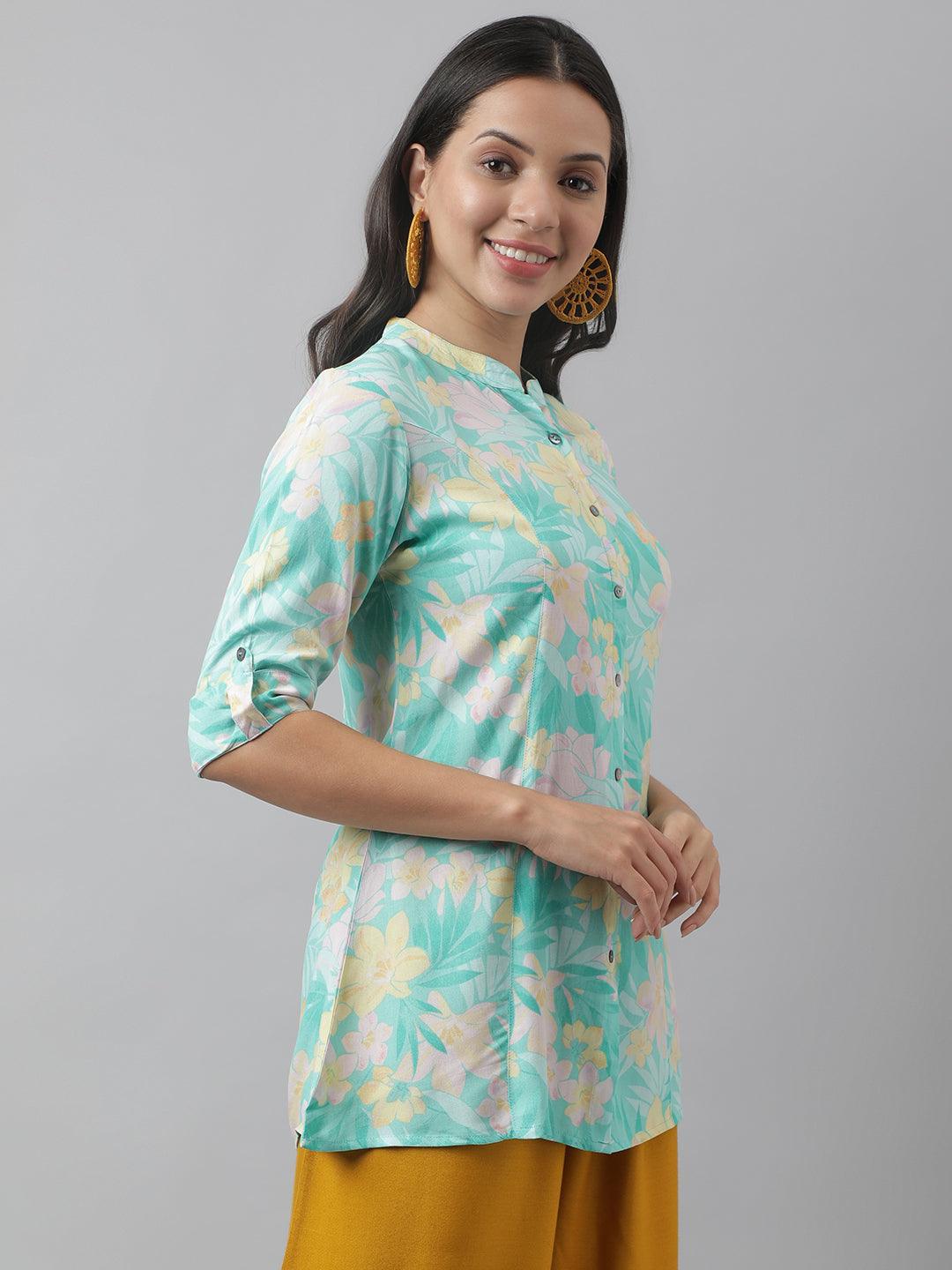 Divena Sea Green Floral Printed Rayon A-line Shirt Style Top - divena world