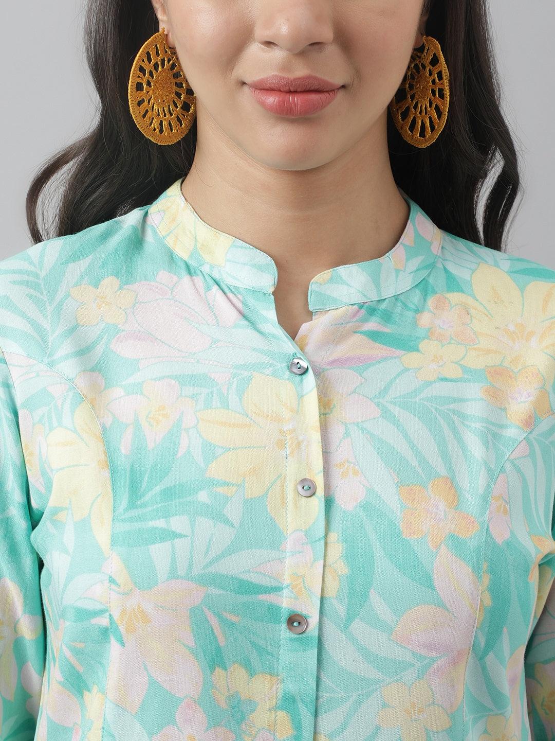 Divena Sea Green Floral Printed Rayon A-line Shirt Style Top - divena world