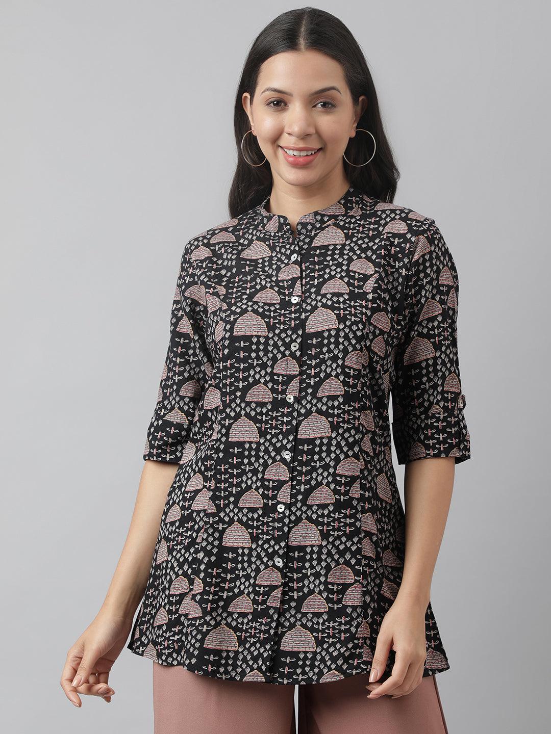 Divena Black Floral Printed Rayon A-line Shirt Style Top - divena world