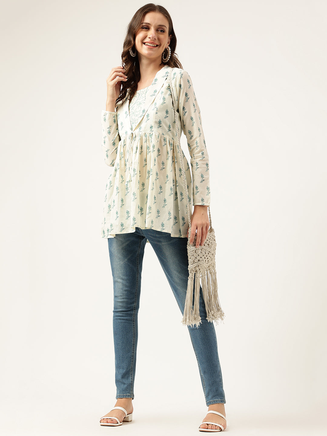 Divena Green Floral Printed Empire Cotton Tops