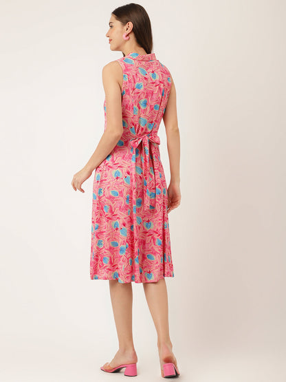 Party Wear Pink Floral Print Rayon A-Line Midi Dress for Women