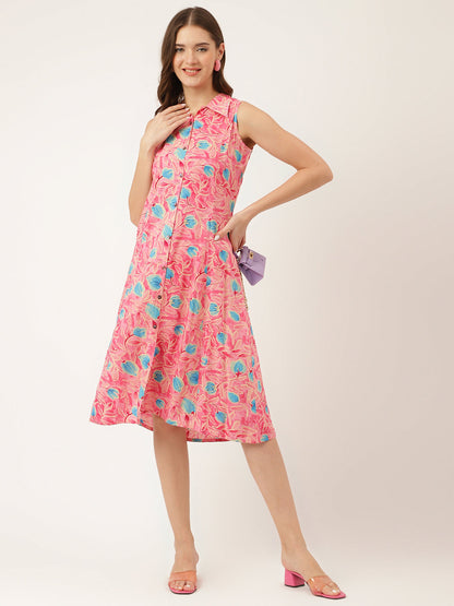 Party Wear Pink Floral Print Rayon A-Line Midi Dress for Women
