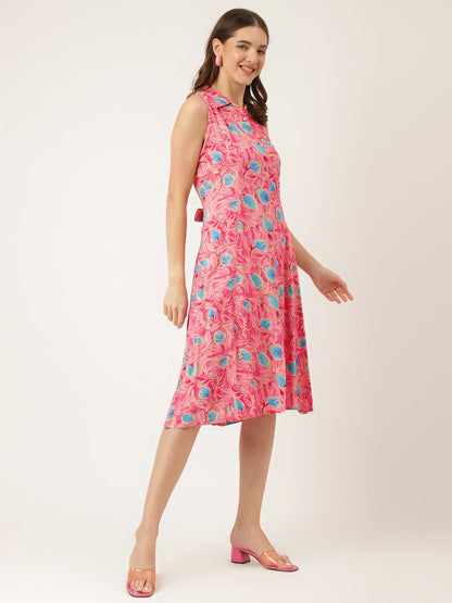 Party Wear Pink Floral Print Rayon A-Line Midi Dress for Women
