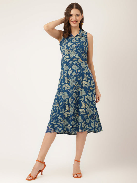 Divena Blue Floral Printed Rayon A-Line Midi Dress with Attached Sleeves for Women