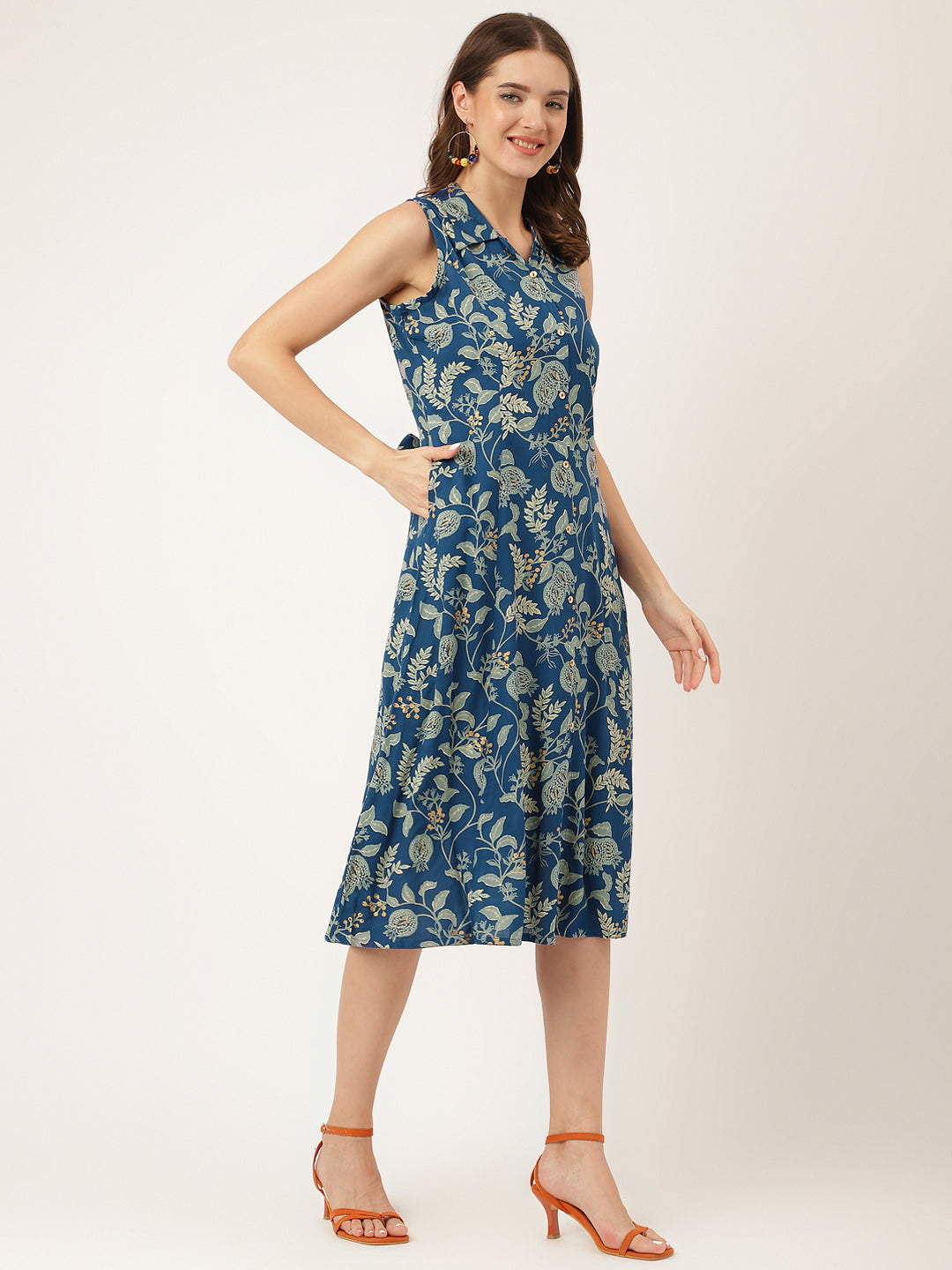 Divena Blue Floral Printed Rayon A-Line Midi Dress with Attached Sleeves for Women