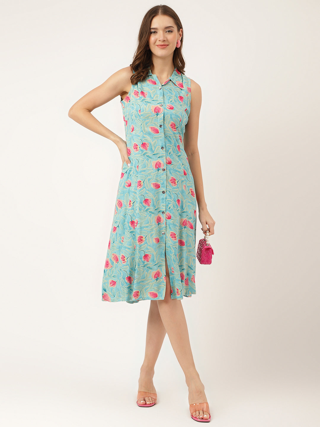 Divena Blue Floral Print Rayon A-Line Midi Dress with Attached Sleeves for Women