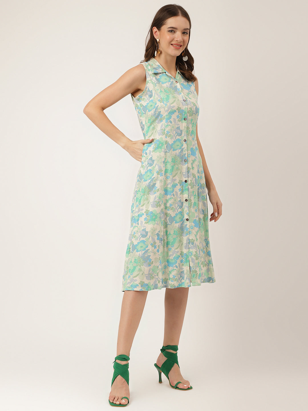 Divena Green Floral Print Rayon A-Line Midi Dress with Attached Sleeves for Women