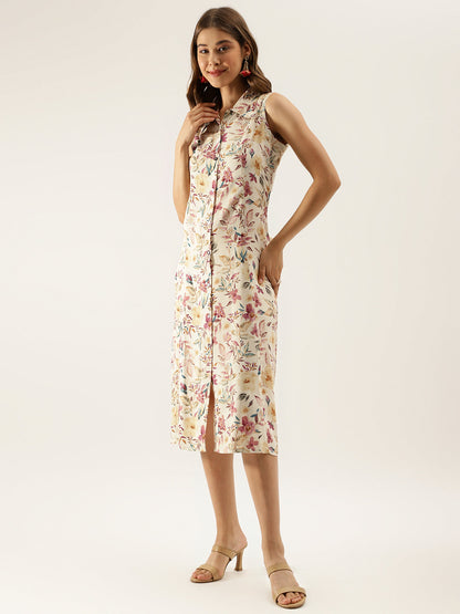 Cream Floral Printed Rayon Party Wear Midi Dress