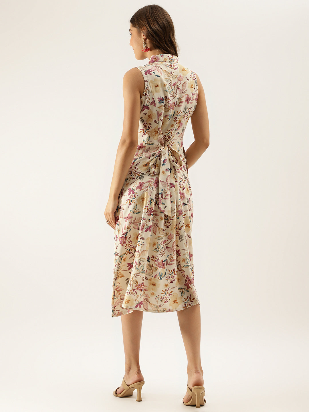 Cream Floral Printed Rayon Midi Dress with attached Sleeves