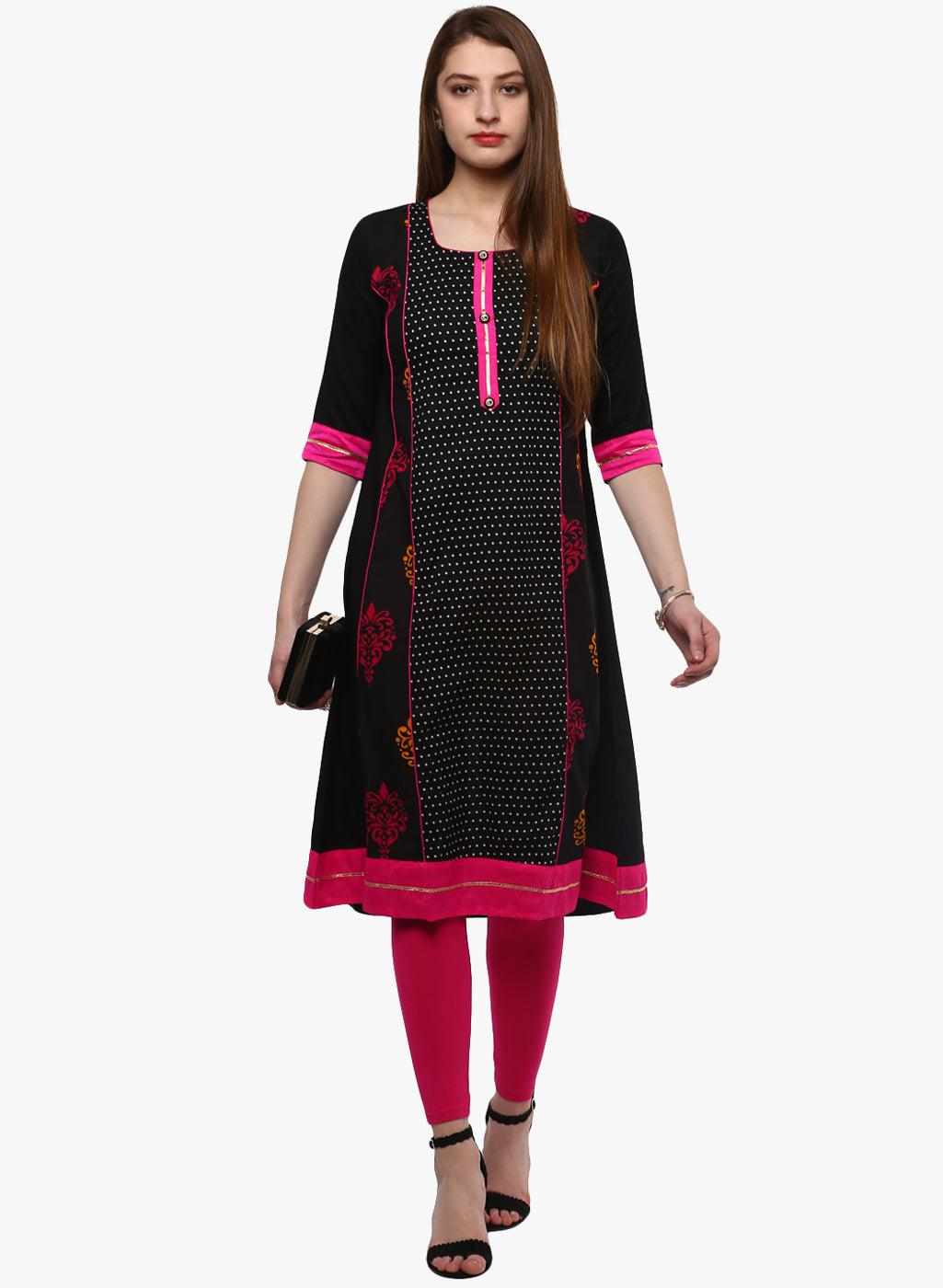 Divena Black Printed A-Line Rayon And Cotton Kurta - divena world