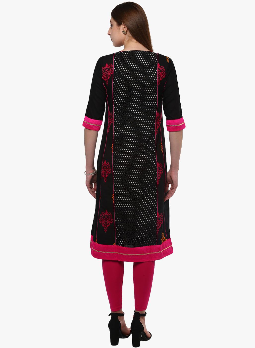 Divena Black Printed A-Line Rayon And Cotton Kurta - divena world