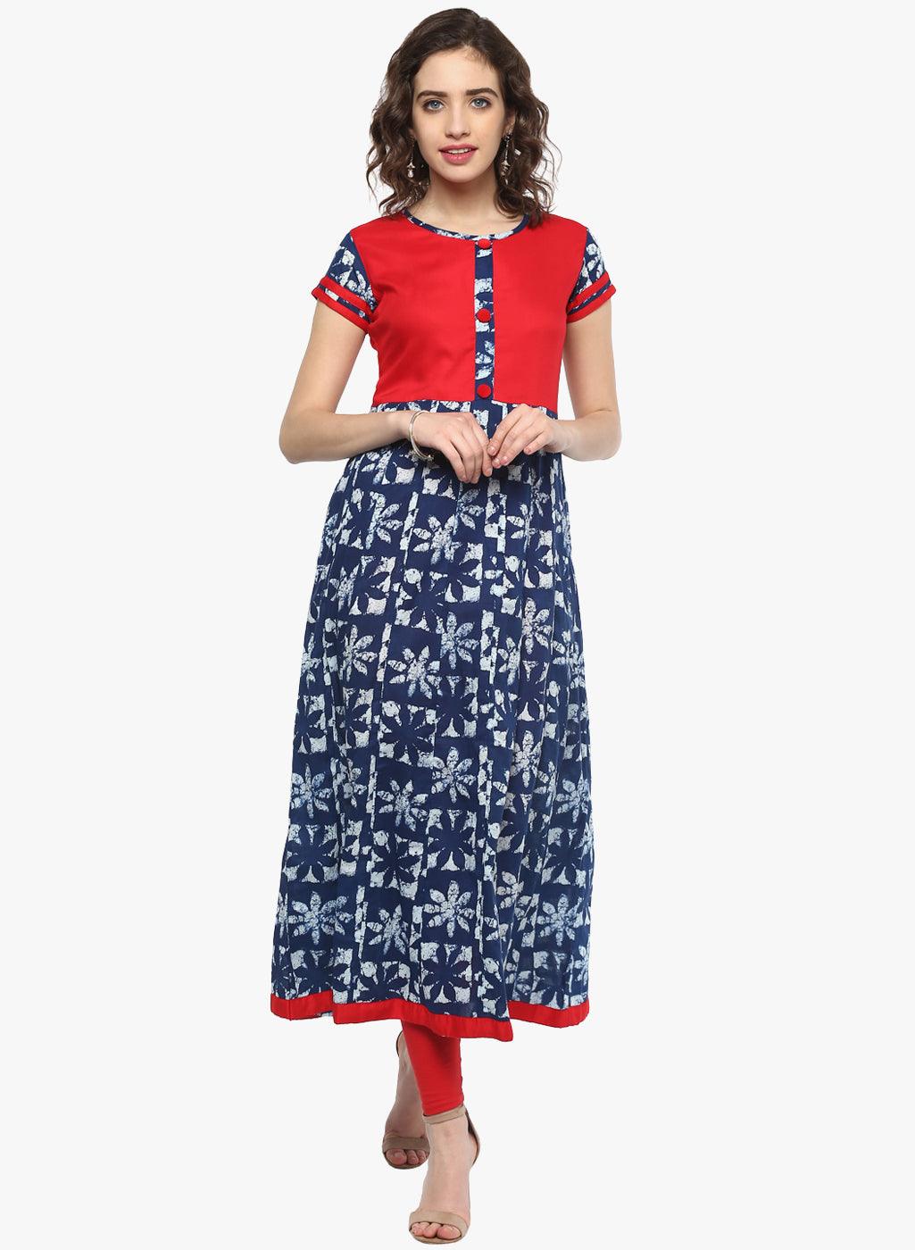 Divena Indigo Blue Printed Cotton Anarkali - divena world