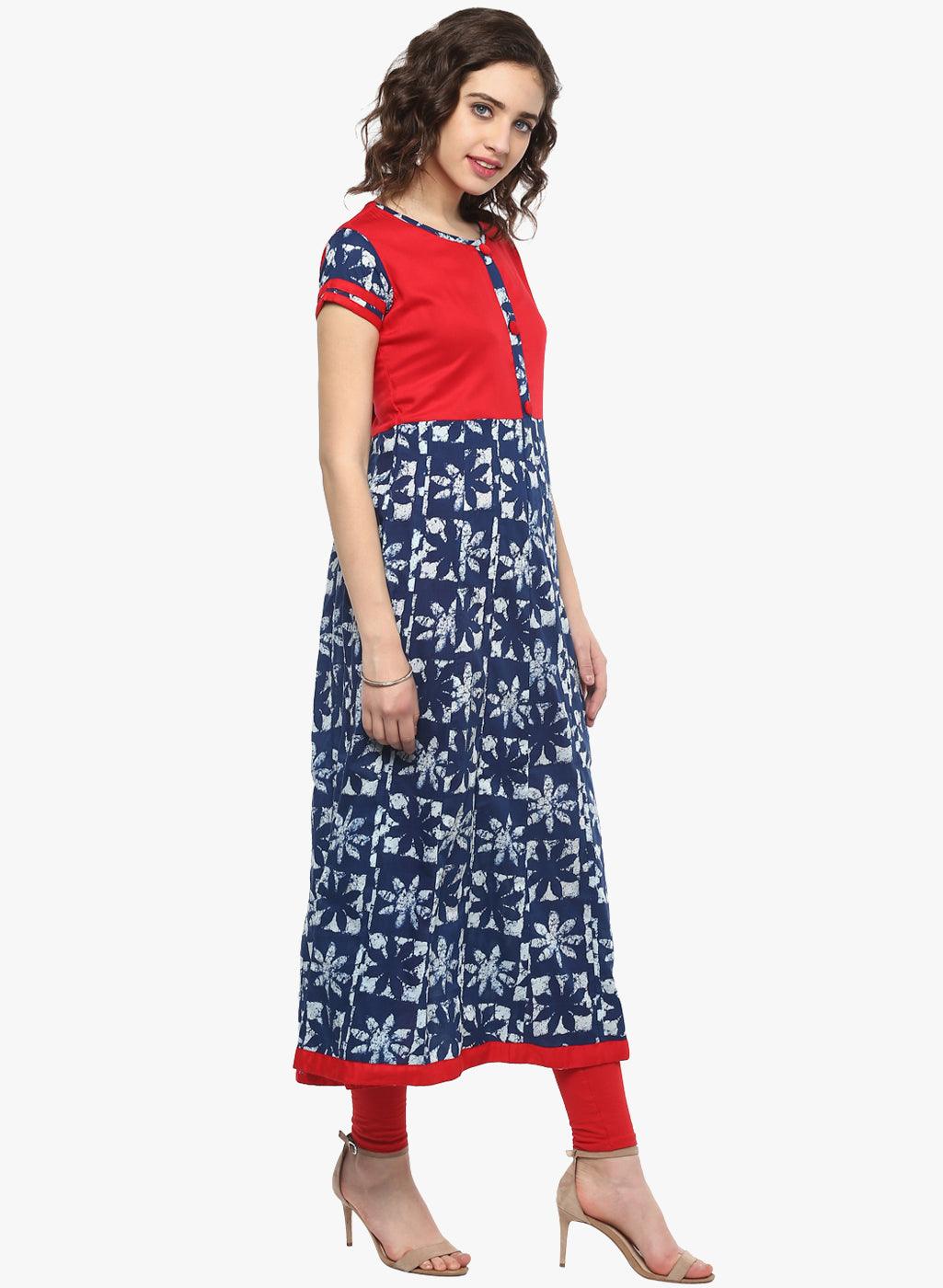 Divena Indigo Blue Printed Cotton Anarkali - divena world