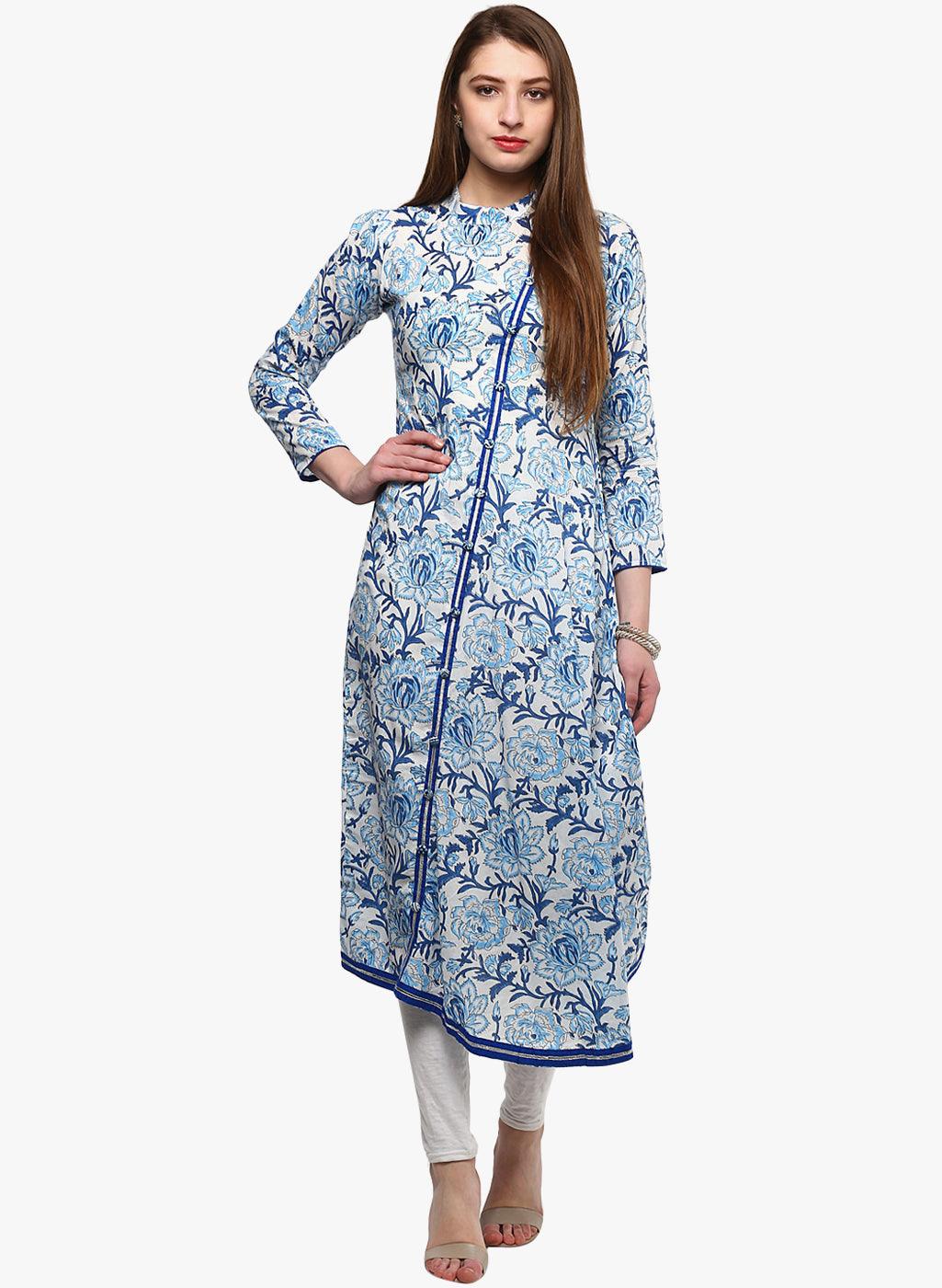 Divena Hand Block Blue And White Printed Angrakha Anarkali - divena world