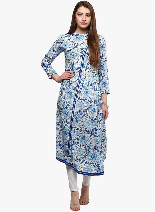 Divena Hand Block Blue And White Printed Angrakha Anarkali - divena world