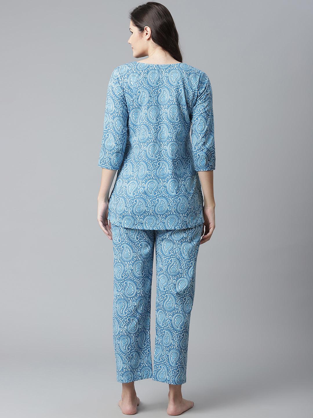 Divena Blue Printed Cotton Nightwear - divena world