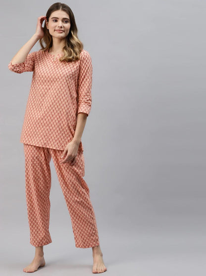 Divena Peach Floral Printed Night Suit - divena world
