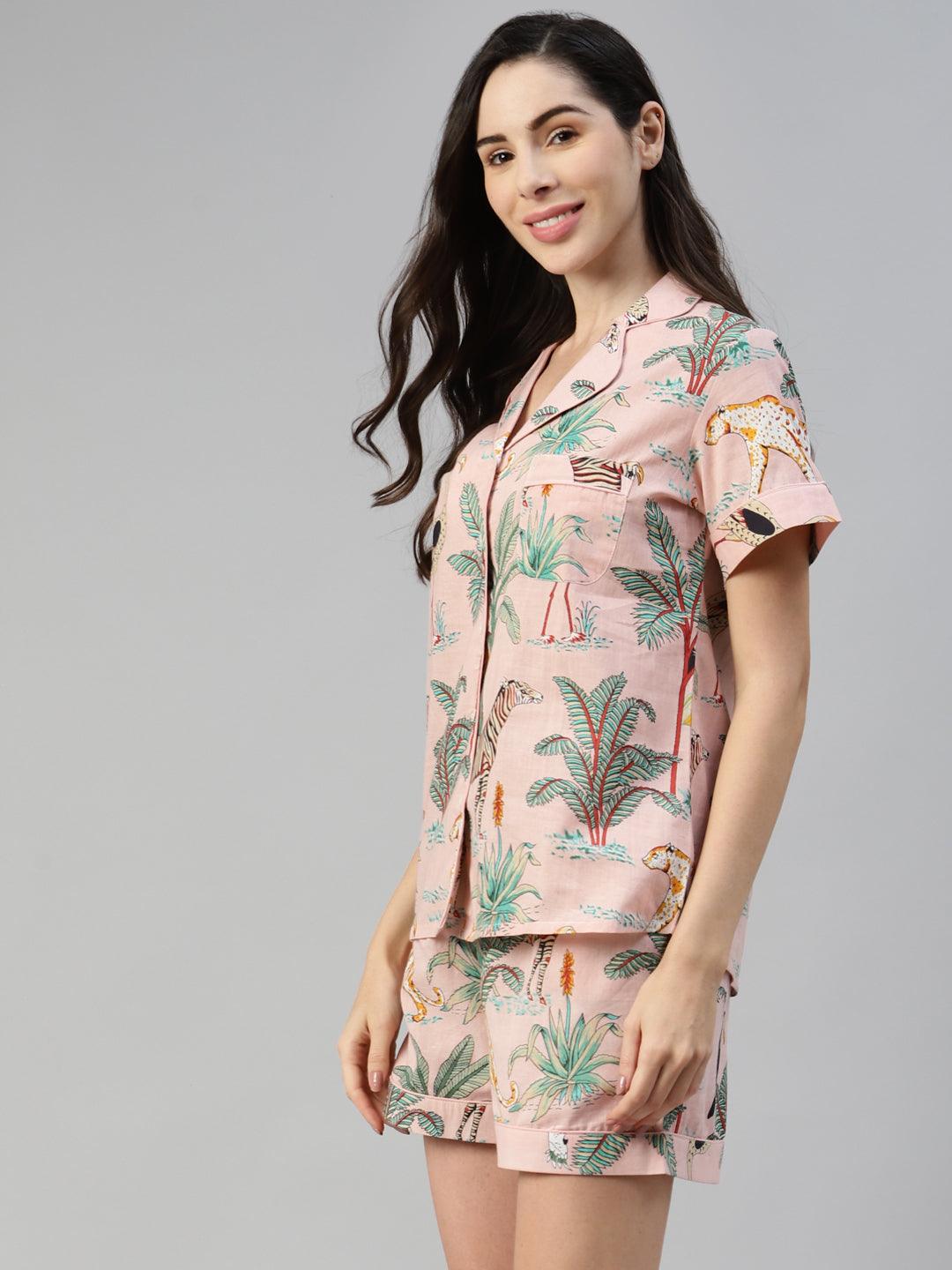 Divena Pink Cotton Floral Print Night Suit - divena world