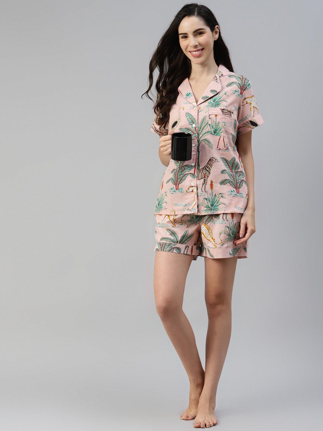 Divena Pink Cotton Floral Print Night Suit - divena world