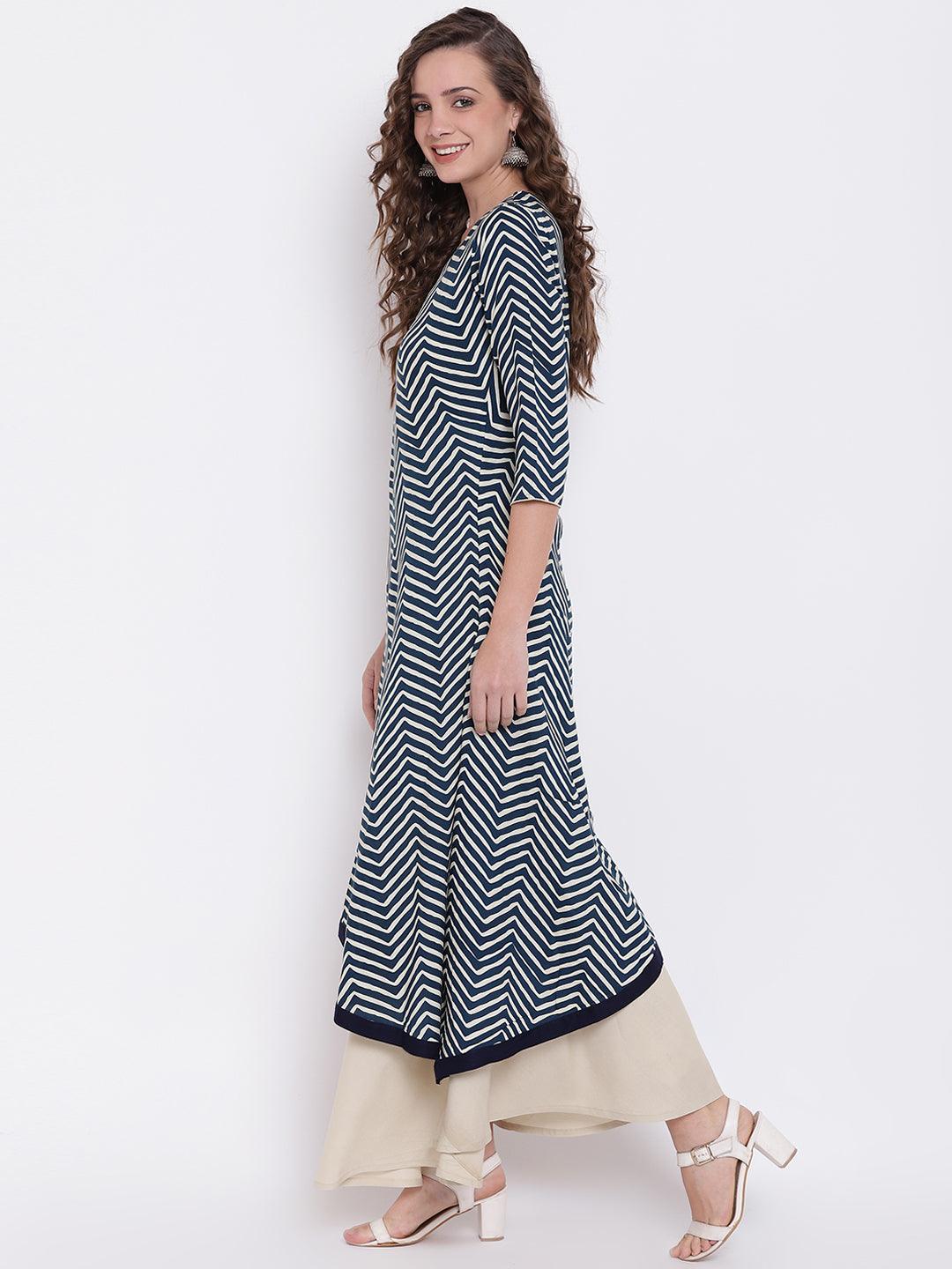 Divena Double layered blue and cream rayon kurta - divena world