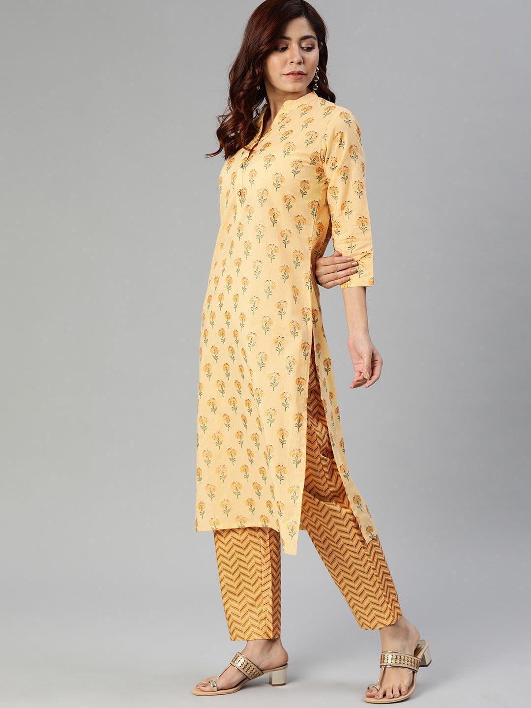 Divena Yellow Flower Print Cotton Kurta Set - divena world