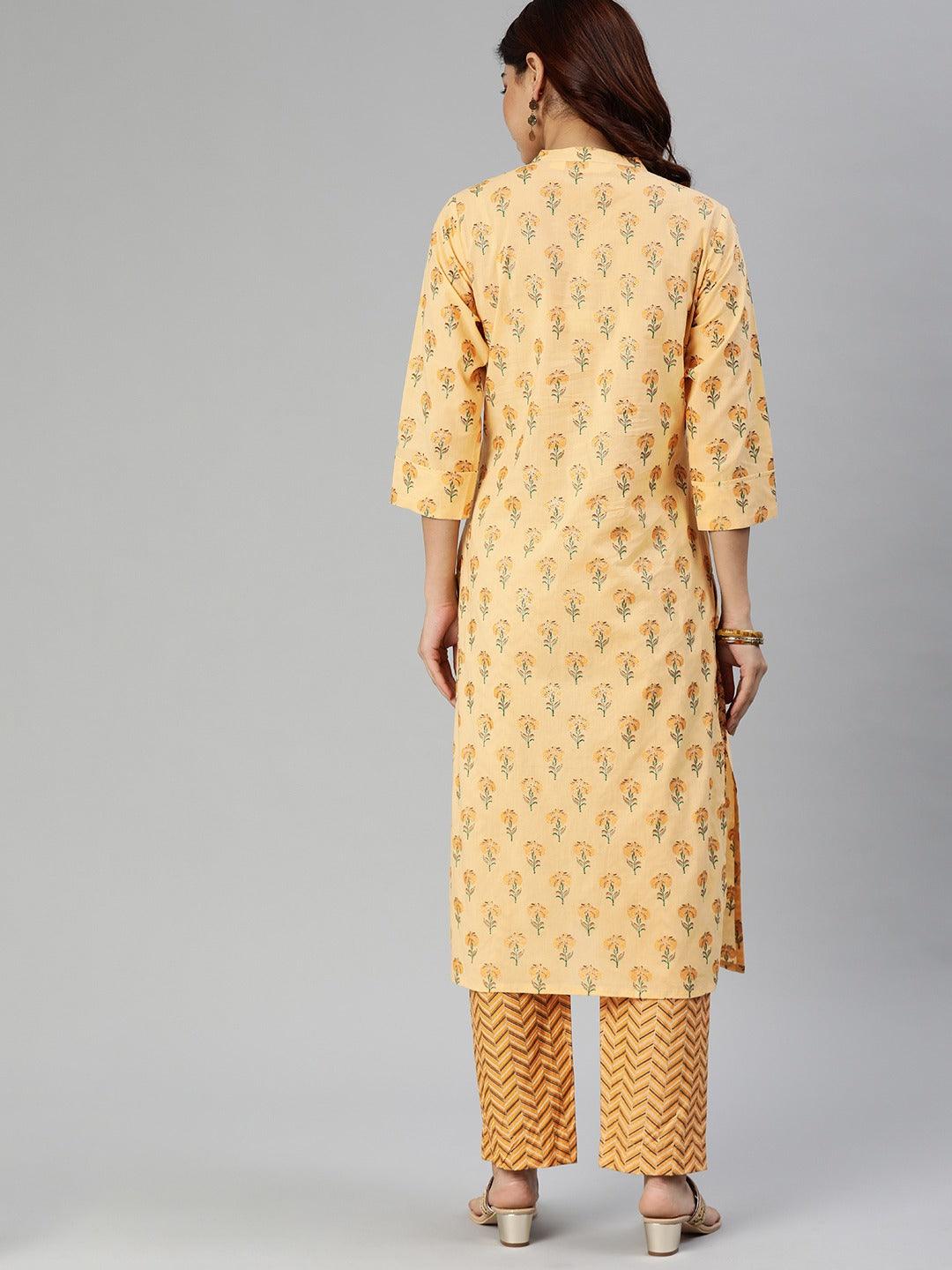 Divena Yellow Flower Print Cotton Kurta Set - divena world