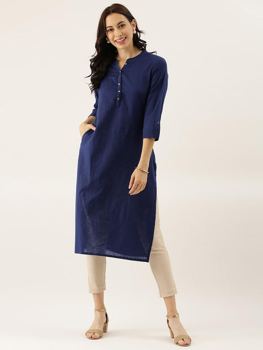 Divena Blue Solid Straight Roll up Sleeve Kurti - divena world