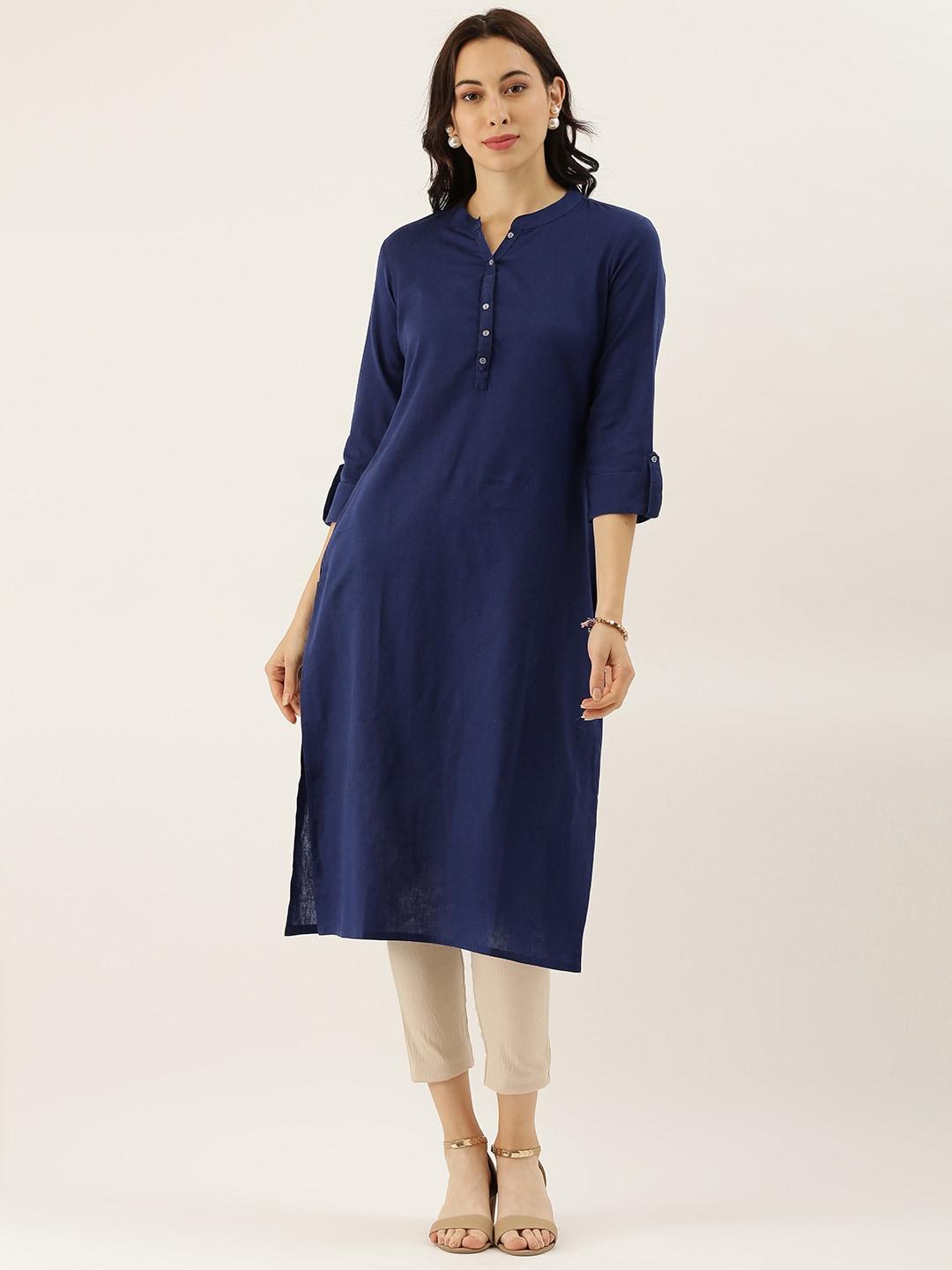 Divena Blue Solid Straight Roll up Sleeve Kurti - divena world