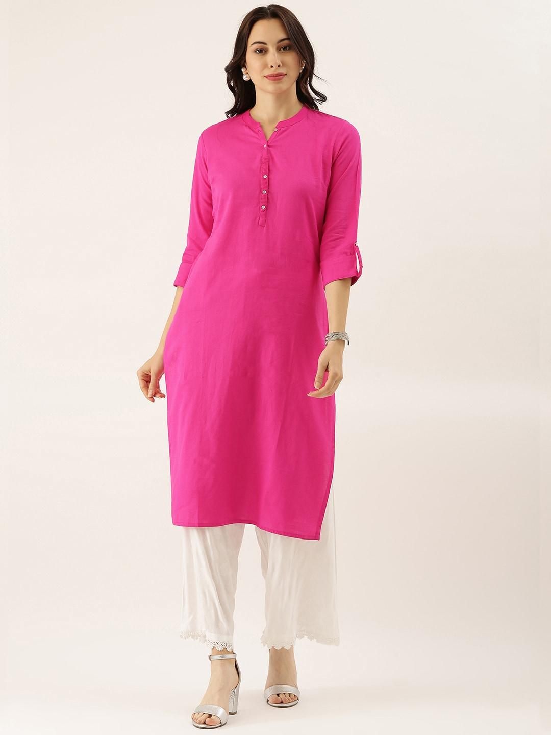 Divena Pink Solid Straight Roll up Sleeve Kurti - divena world