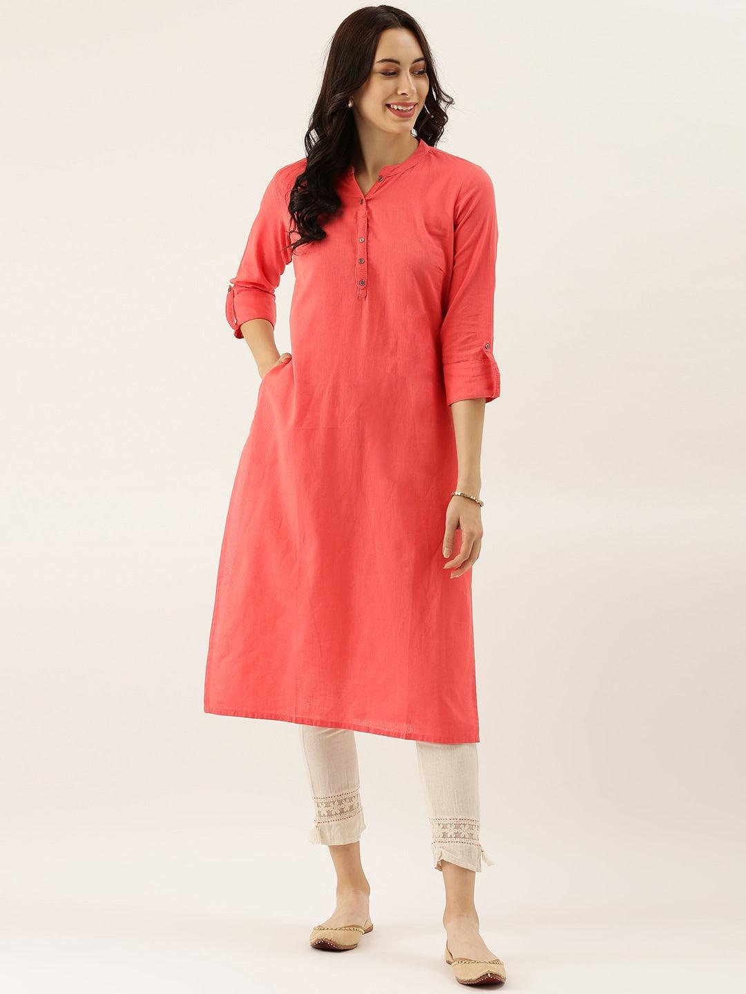 Divena Peach Solid Straight Roll up Sleeve Kurti - divena world