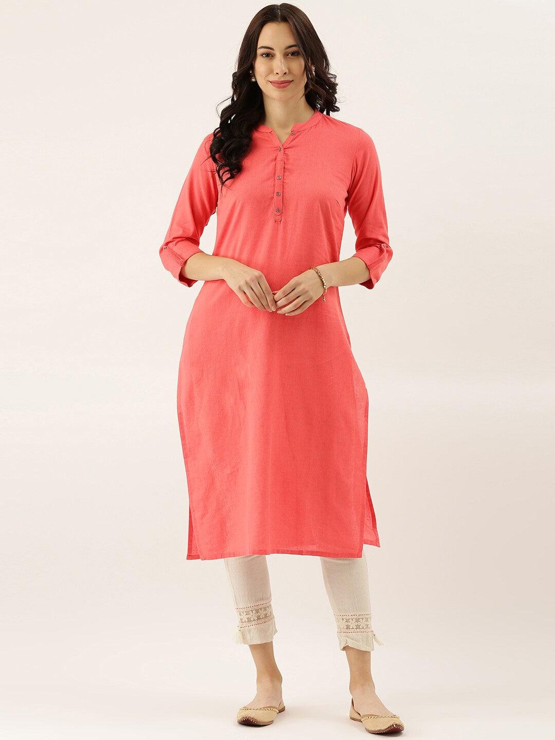 Divena Peach Solid Straight Roll up Sleeve Kurti - divena world