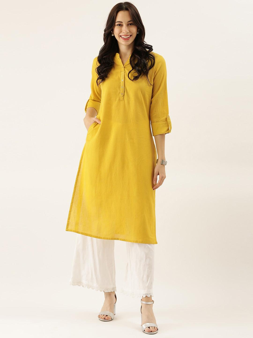 Divena Yellow Solid Straight Roll up Sleeve Kurti - divena world