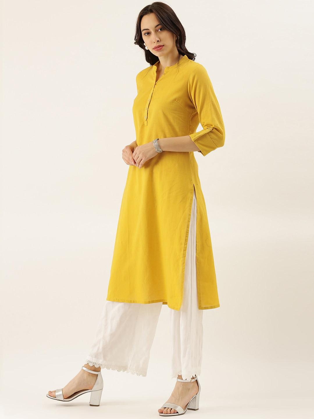 Divena Yellow Solid Straight Roll up Sleeve Kurti - divena world