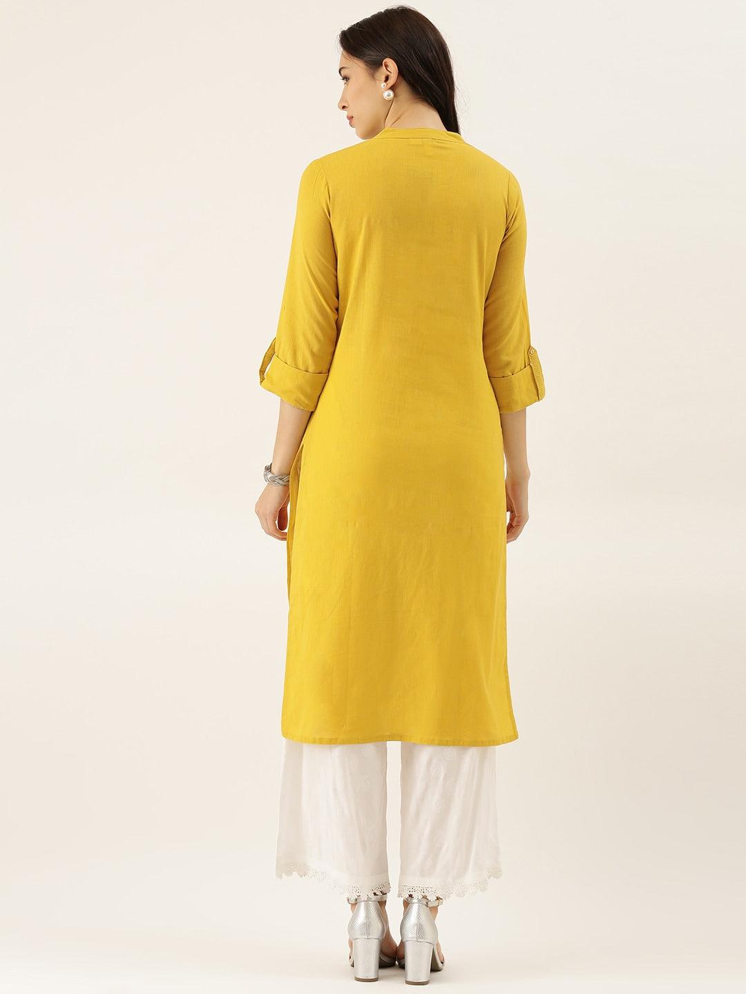 Divena Yellow Solid Straight Roll up Sleeve Kurti - divena world