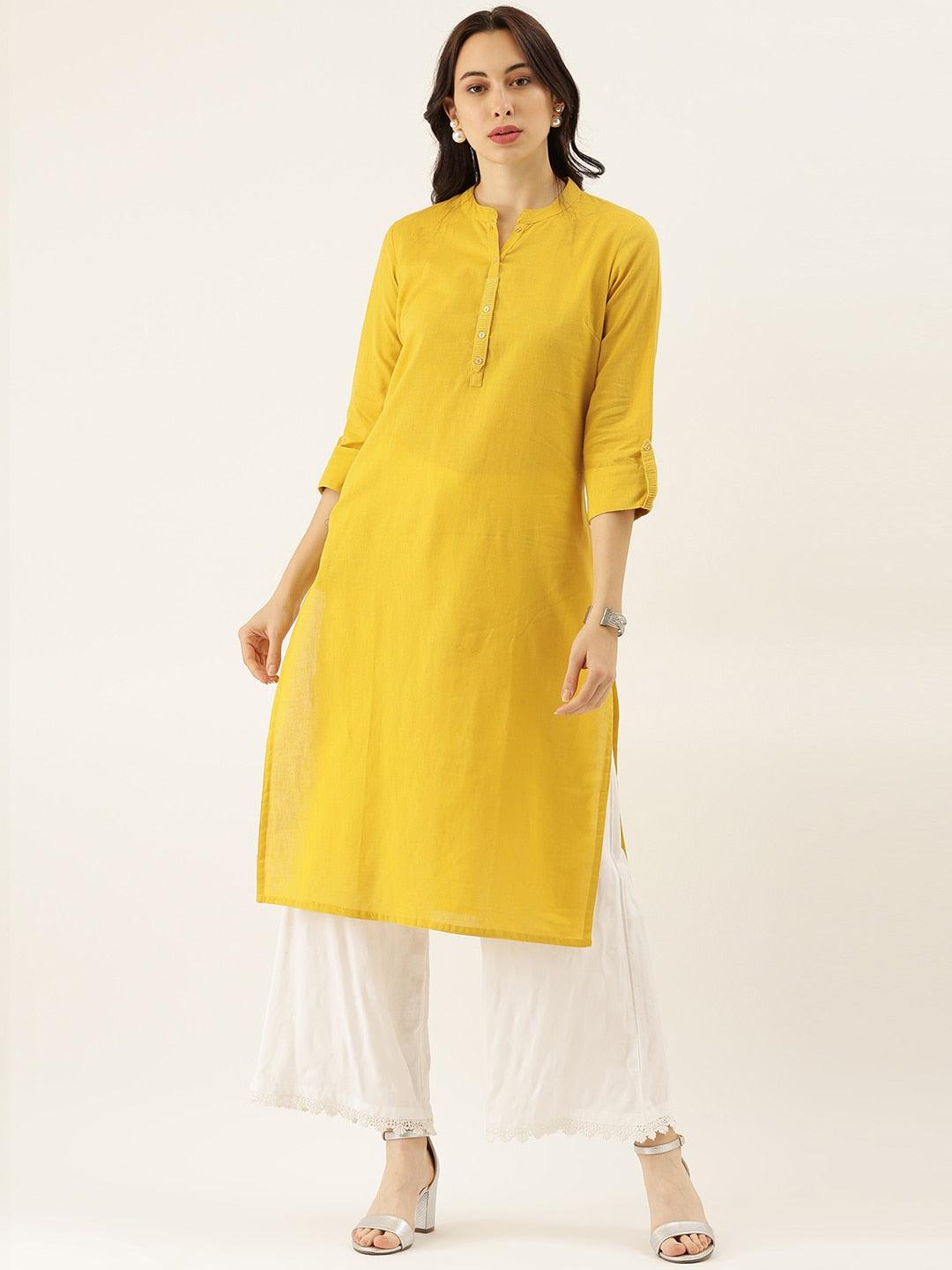 Divena Yellow Solid Straight Roll up Sleeve Kurti - divena world