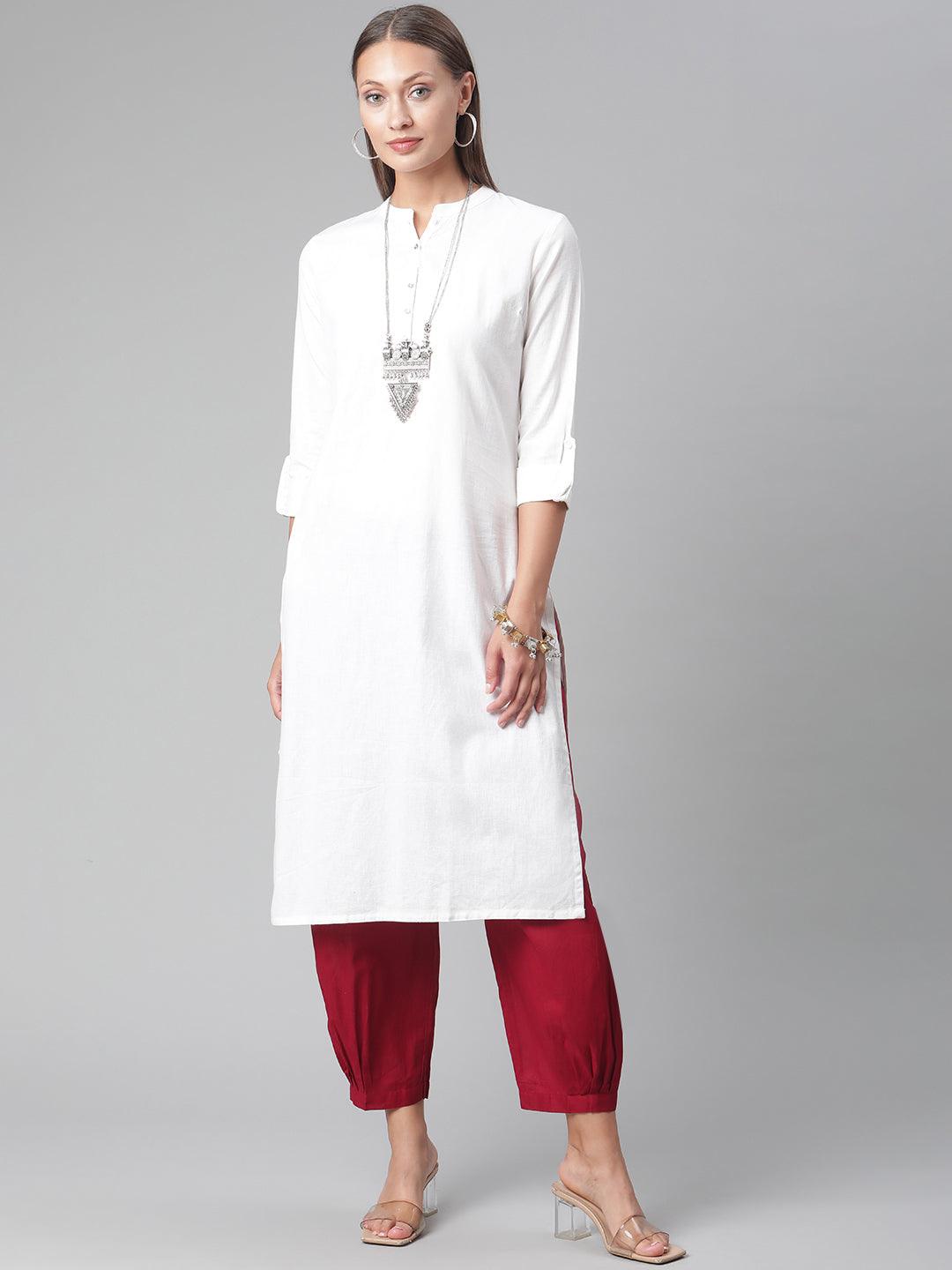 Divena White Solid Pure Cotton Straight Kurta - divena world