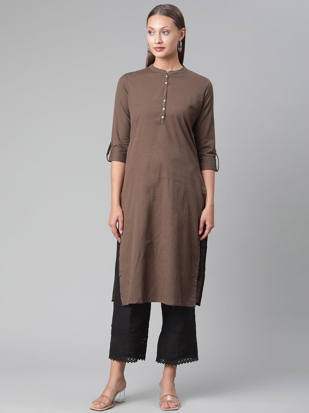 Divena Brown Cotton Straight Kurti - divena world